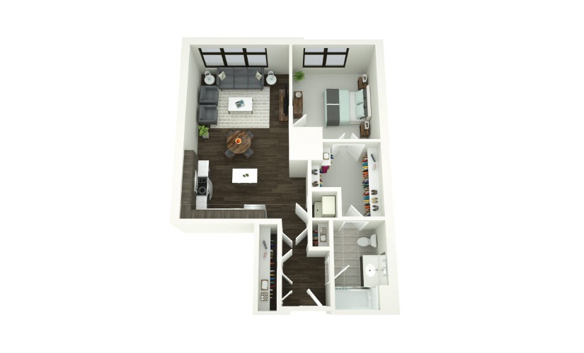 Dining Room, Living Area, And Kitchen View At Porter Street Apartments 